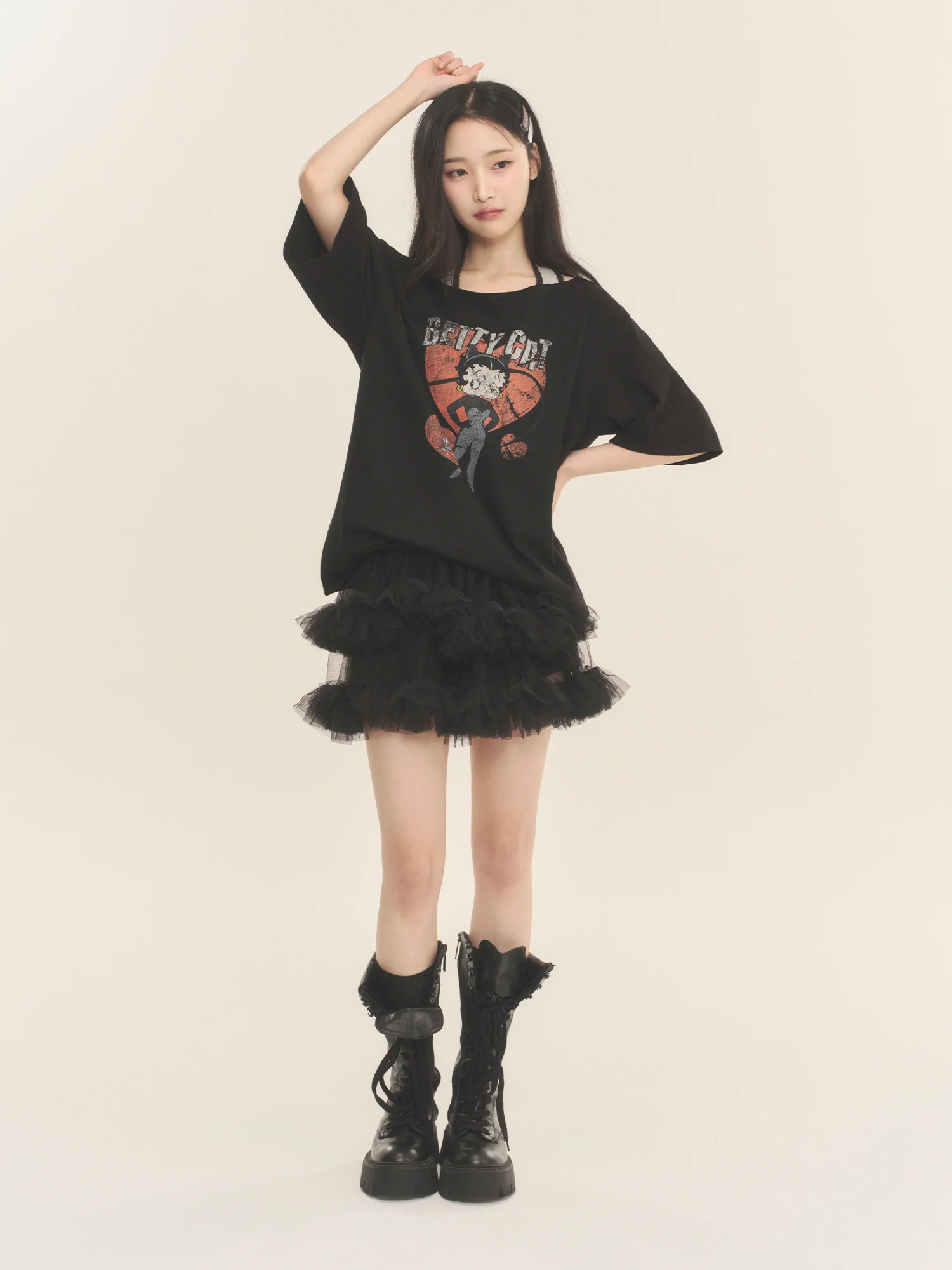 [SET] 베티붑 베티캣 홀터 오프숄더 반팔 티셔츠_블랙