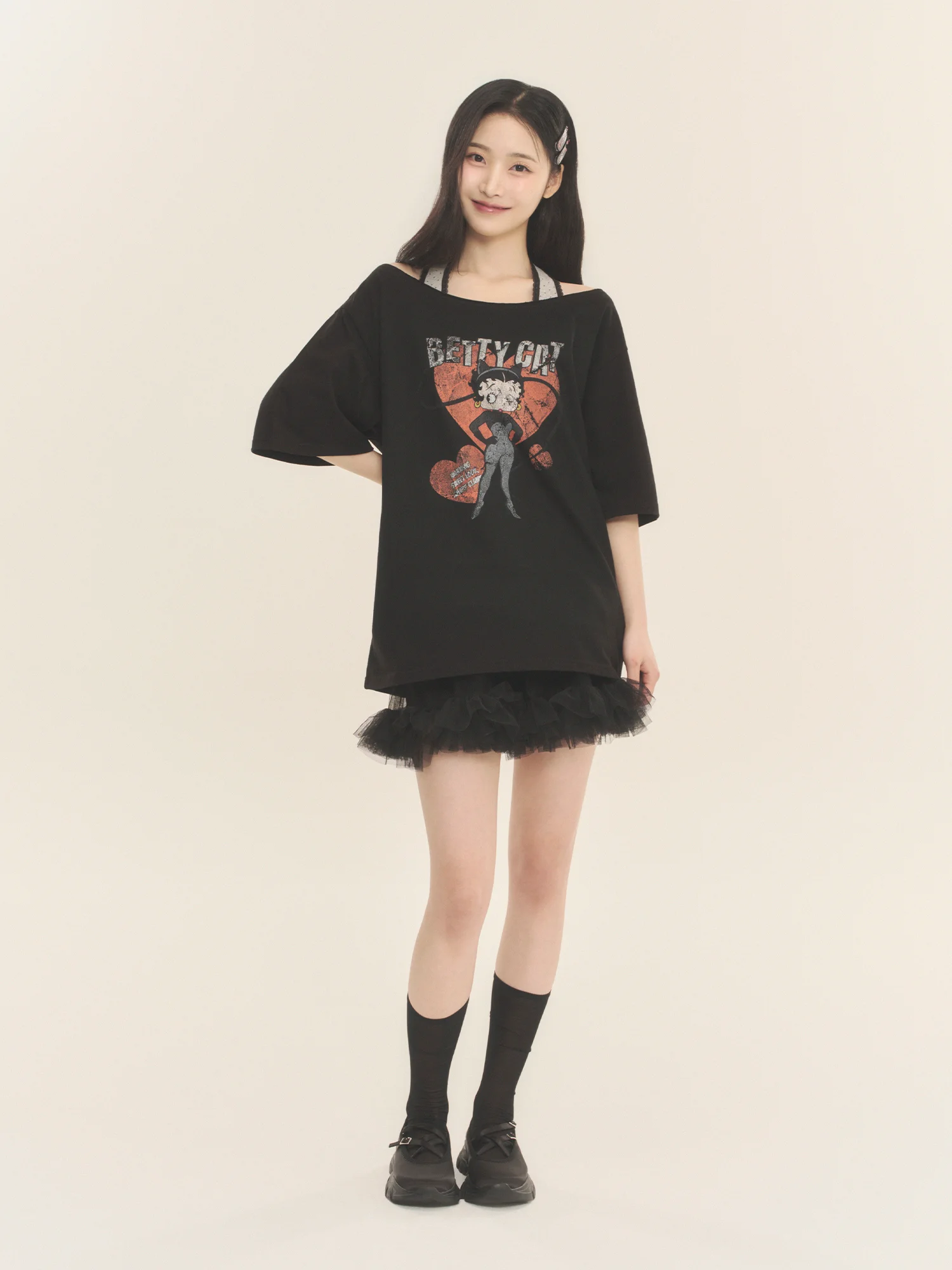 [SET] 베티붑 베티캣 홀터 오프숄더 반팔 티셔츠_블랙