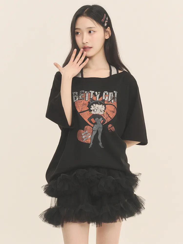 [3차 리오더] [SET] 베티붑 베티캣 홀터 오프숄더 반팔티_블랙