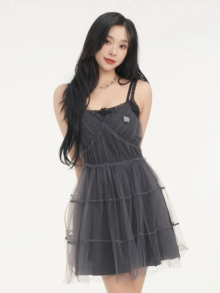 베티붑 레이스 레이어드 프릴 미니 원피스_블랙